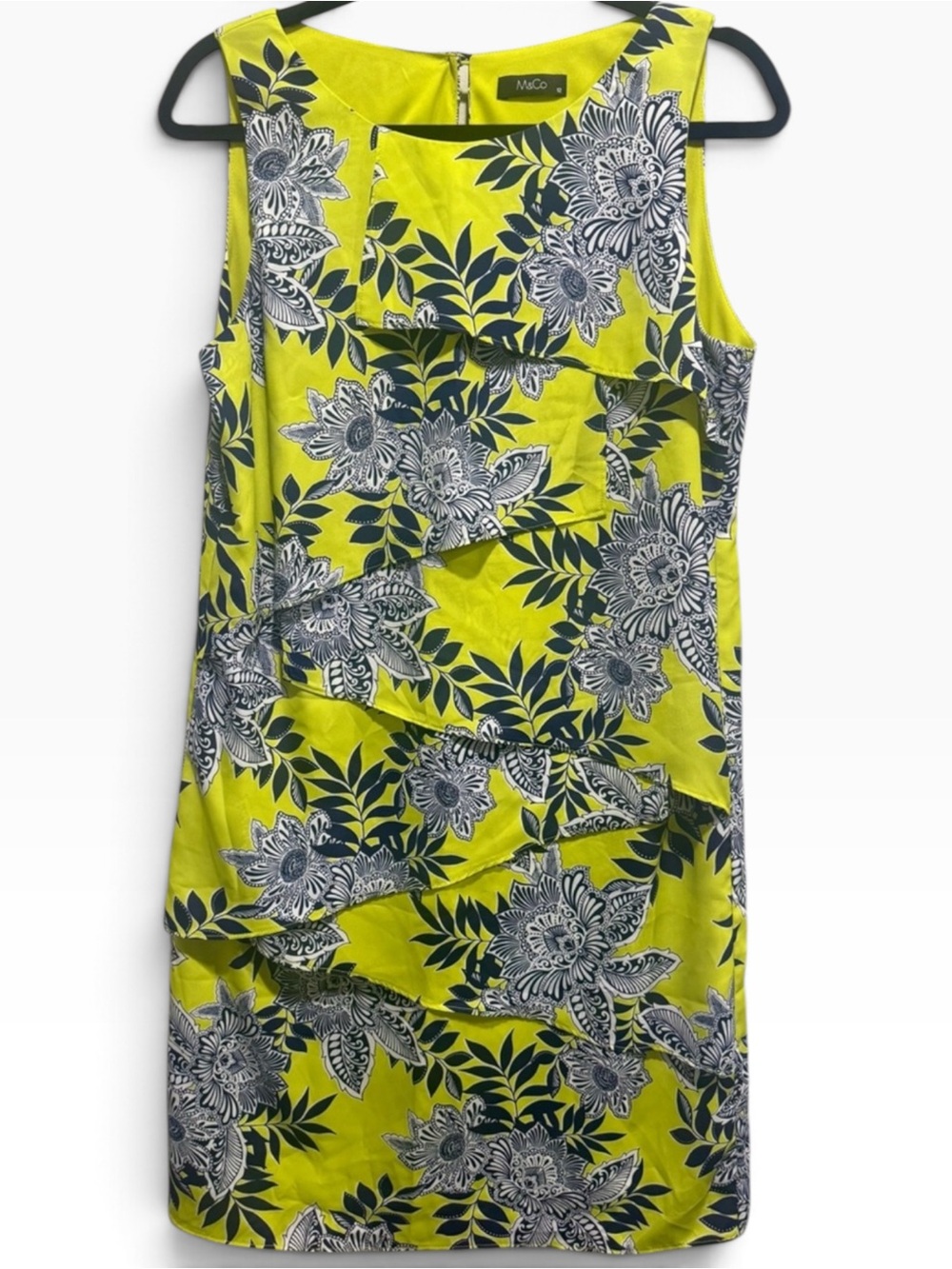 Lime Green Floral Asymmetrical Ruffle Shift Dress M&Co UK 12 US 8